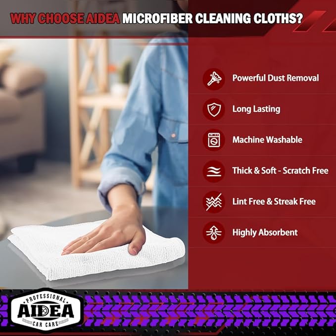 AIDEA Microfiber Cleaning Cloth White 20PK, Microfiber Towels for Cars, Premium Car Cloths, Dusting Cloth Lint Free Cleaning Rags for SUVs, House, Kitchen, Window, Workshops,12×12"