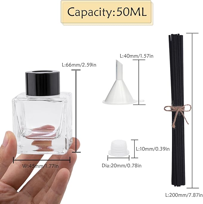 4PCS Refillable Fragrance Glass Diffuser Bottles with 20pcs Reeds Sticks & Black Caps & Funnel, Diffuser Jars for Home Oil Fragrance Decoration Girl Women Gift (50ML)
