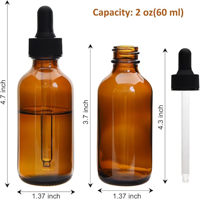 June Fox 2oz Glass Dropper Bottle, Amber Glass Bottles with Droppers and Black cap for Essential Oils, Lab Chemicals, Perfumes, Pack of 20