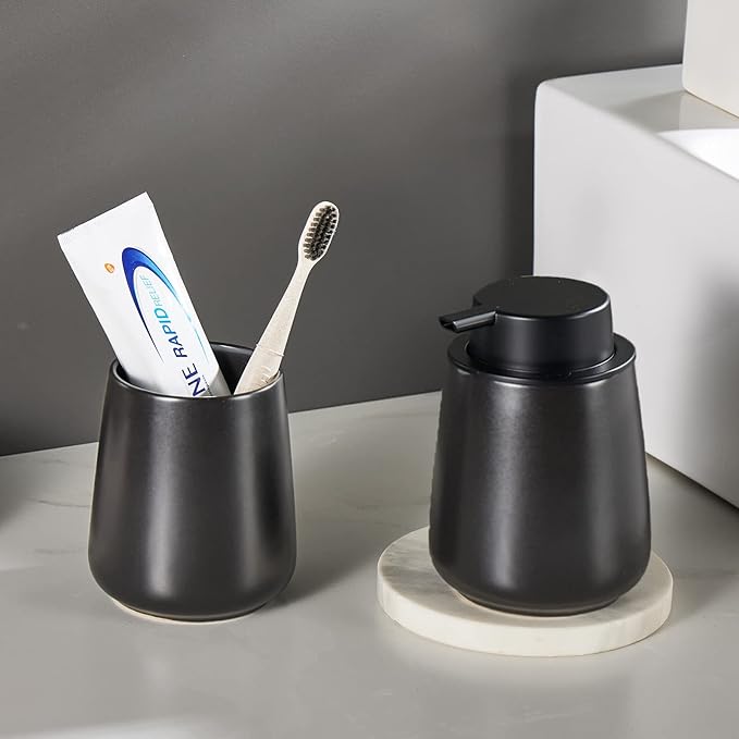 12Oz Black Soap Dispenser Set - Ceramic Lotion Hand Soap Dispenser Set with Easy-to-Press Black Pump, Refillable Mordern Liquid Dish Soap Dispensers for Bathroom & Kitchen, 2 Pack