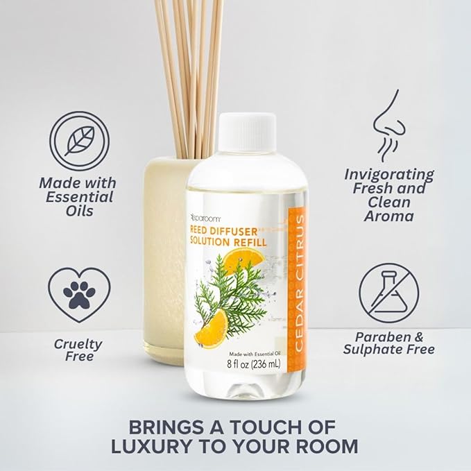 SpaRoom Reed Diffuser Oil Refill – Cedar Citrus Scent, 8oz Bright and Earthy Blend with Lemon Essentials, Invigorating Aroma for Home, Spa, or Office, Long Lasting Fragrance Solution
