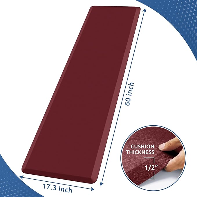 KitchenClouds Kitchen Mat Cushioned Anti Fatigue Kitchen Rug 17.3"x60" Waterproof Non Slip Kitchen Rugs and Mats Standing Desk Mat Comfort Floor Mats for Kitchen House Sink Office (Red)