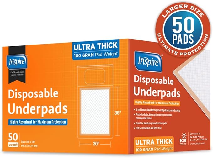 Inspire XL Super Absorbent Bed Pads for Chronic Incontinence 30 x 36 Ultra Thick 100 Grams (50 Count)