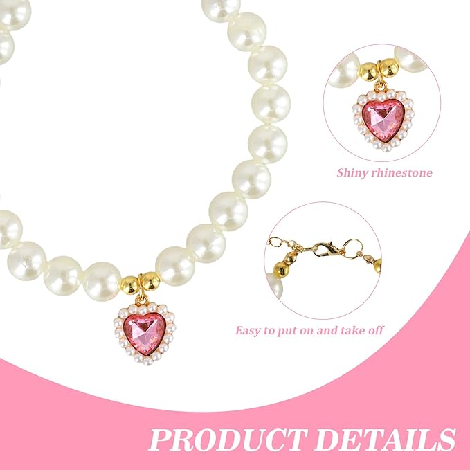3 Pcs Pearl Cat Collar with Heart Pendant, Adjustable Dog Cats Pet Pearl Collars, Cute Pearl Necklace for Puppies and Kittens (Pink, Green and Lake Blue)