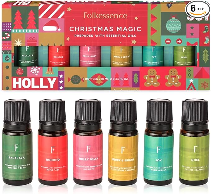 Folkulture Christmas Fragrance Oils for Diffuser | Set of 6 Christmas Essential Oils Set for Home | Peppermint, Candy, Apple Tart, Cranberry, Vanilla (Christmas Magic) | Xmas Gift