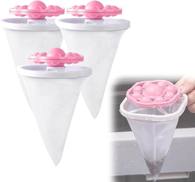 3PCS Floating Hair Filtering Mesh Removal, Reusable Lint Catcher for Washing Machine Wool Device, Pet Hair Remover Hair Filter Cleaning Mesh Bag (Pink)
