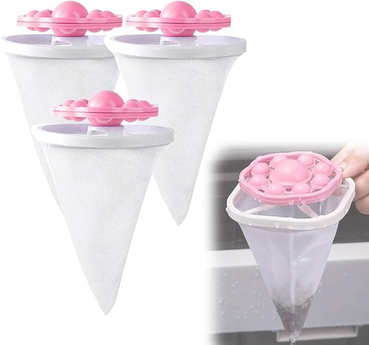 3PCS Floating Hair Filtering Mesh Removal, Reusable Lint Catcher for Washing Machine Wool Device, Pet Hair Remover Hair Filter Cleaning Mesh Bag (Pink)