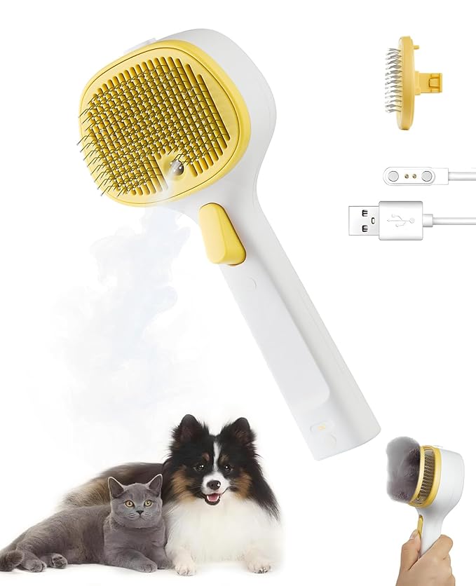 3-in-1 Anti-static Cat Steam Brush (Yellow - Short head - With spray)