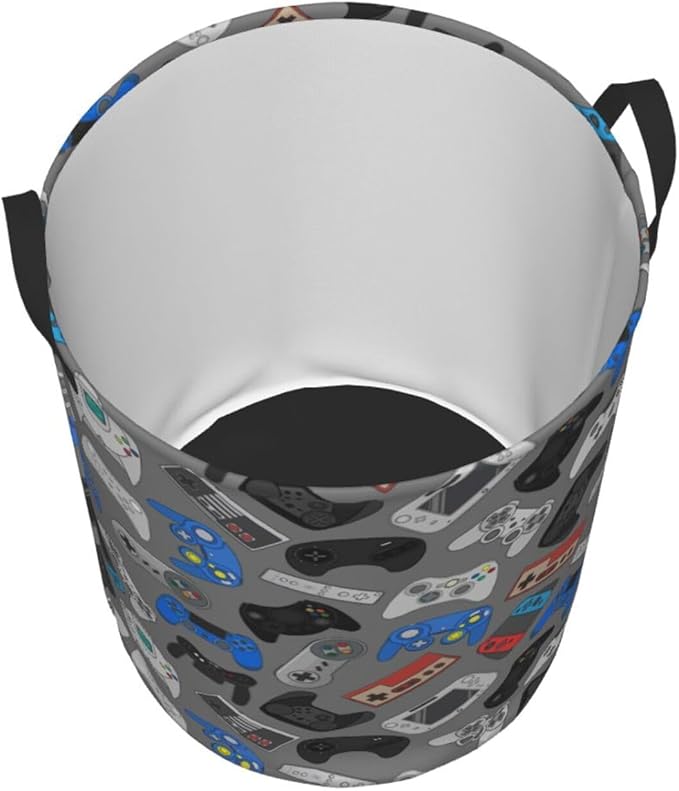 Video Game Grey Background Laundry Hamper Bag With Waterproof Liner - Gaming Theme Round Laundry Basket Foldable Clothes Storage Organizer For Bathroom Bedroom Nursery Dorm, M-19.6"X 15.7"