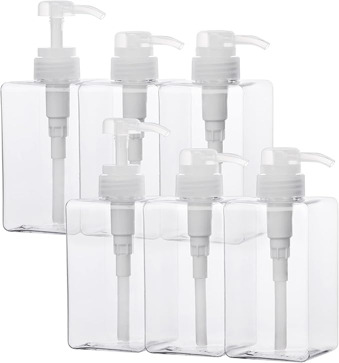 SUREAM Clear Empty Pump Bottles 6 Pack, 15oz/450ml Plastic Refillable Square Containers for Essential Oil Soap Lotion Shampoo Conditioner, Large Hand Pump Dispensers for Bathroom and Kitchen Sink Use