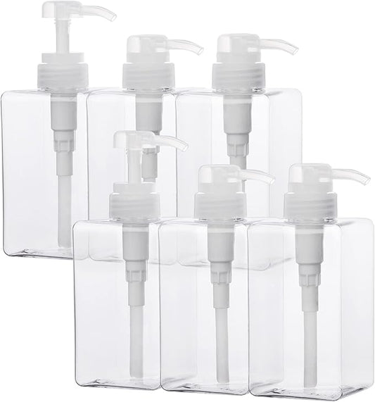 SUREAM Clear Empty Pump Bottles 6 Pack, 15oz/450ml Plastic Refillable Square Containers for Essential Oil Soap Lotion Shampoo Conditioner, Large Hand Pump Dispensers for Bathroom and Kitchen Sink Use