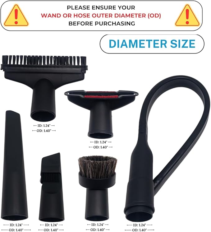 1.25 Inch Vacuum Brush Attachment Kit Compatible with Vacuum Cleaners Using 1-1/4'' Accessories - 1.25 Inch Shop Vac Accessories: Horse Hair Dust Brush, Vacuum Extension Wand and More (7 Pack)