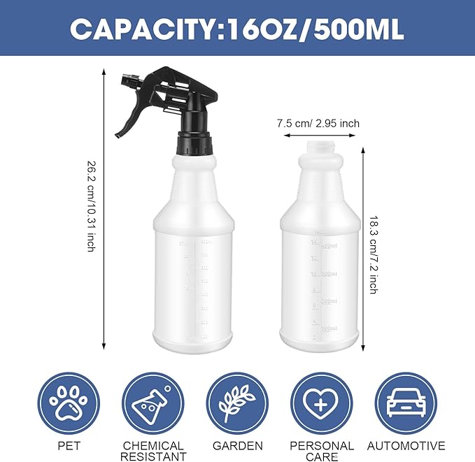 10 Pack Spray Bottles 16 oz Empty Water Spray Bottles for Cleaning Heavy Duty Refillable Squirt ‌Container with Measurements Adjustable Nozzle for Household(Black,Stylish Style)