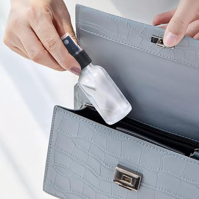 2oz Glass Spray Bottle, Fine Mist Boston Glass Bottles with Black Fine Mist Sprayer Small Clear Bottles for Essential Oils, Bath, Beauty, Hair & Cleaning, Clear, Pack of 24