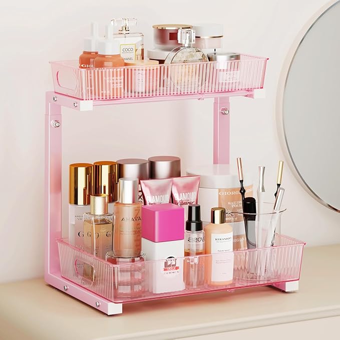 Under Sink Organizer, Under Sink Organizers and Storage with Adjustable Height and PET Basket, Pull Out Under Cabinet Organizer for Counter Kitchen, Vanity, Laundry, Pantry (2Packs)