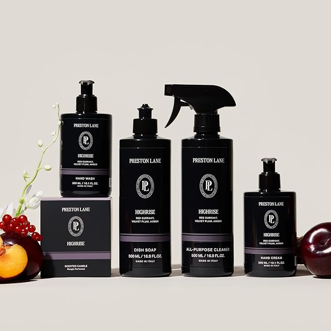 Preston Lane Signature Home Set – All Purpose Cleaner, Dish Soap, Hand Wash, Hand Cream & Scented Candle | Plant-Powered Cleaning & Care Essentials with Fine Italian Fragrance, Highrise