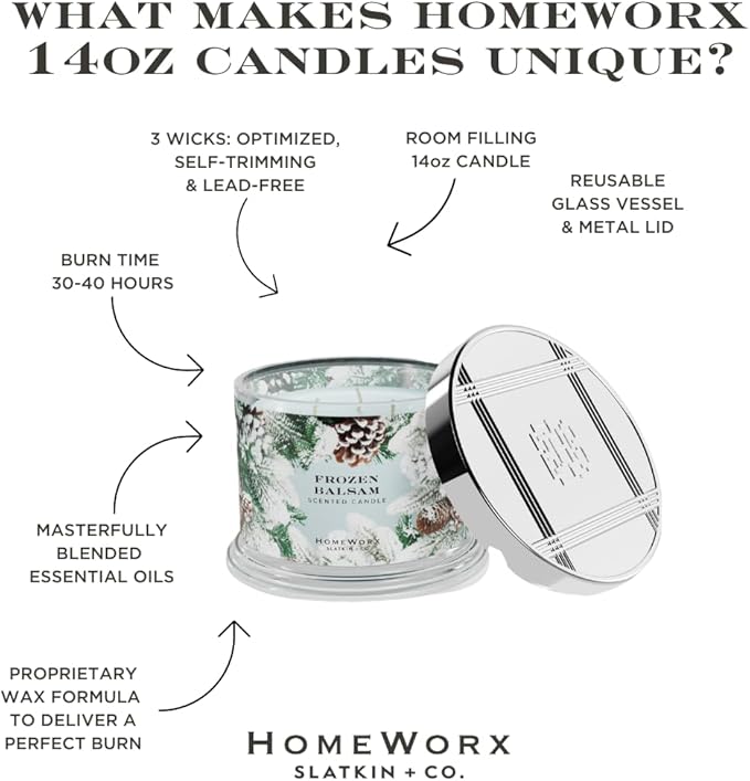 HomeWorx by SLATKIN + CO. Candle- Frozen Balsam, 14 oz. 3-Wick Premium Scented Candle - 20-40 Hours Burn Time