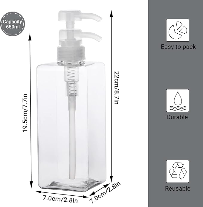 Suream 22oz/650ml Refillable Shampoo Bottle for Shower, Large Capatity Conditioner Dispensers for Bathroom, Plastic Pump Press Bottles for Lotion, Body Moisturizer, Massage Oil, Hand Wash, Soap, 3Pack