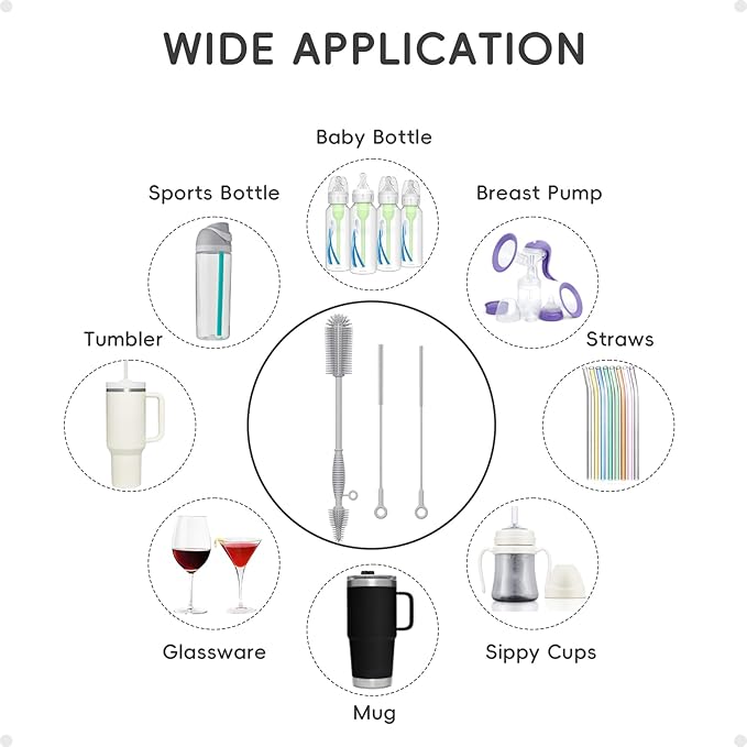 Baby Bottle Brush and Straw Cleaner Brush Set, Extra Long Double-Ended Soft Silicone Brush Cleaner for Baby Bottles, Water Bottles, Cups, Breast Pumps, Detachable & Hangable