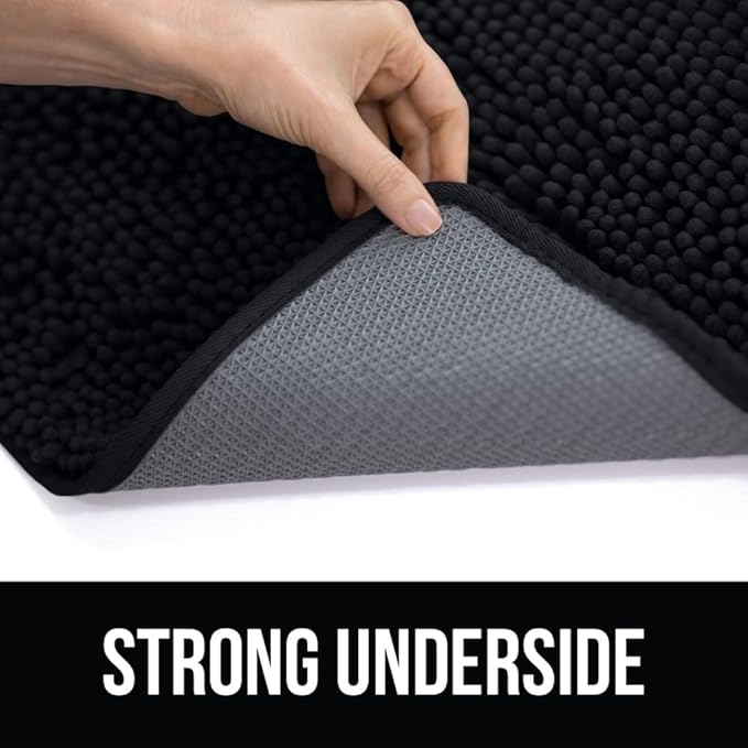 KANGAROO Bathroom Rugs, Chenille Soft Absorbent Bath Rug, Shaggy Shower Mat, Quick Dry Machine Wash Bathmat, Plush Carpet Mats for Tub, Bathtub and Room Home Decor Accessories, 24x17, Black