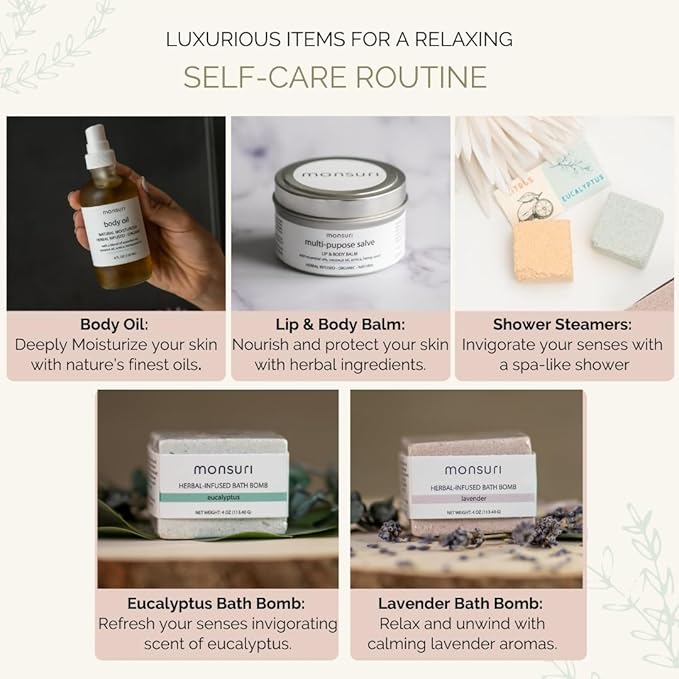 Muscle Relaxing Spa Gift Set for Women | Bath & Body Care Package with Natural Body Oil, Balm, Bath Bomb. Relaxation Self Care Package for Sore Muscles.