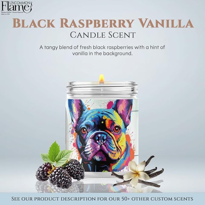 100% Handmade Non-toxic Soy Wax Candle, Fruity Sweet Scent, 120hr Burn, Soot Free, Cotton Wick, 16 oz - Gift for Dog Moms/Dads, French Bulldog Lovers (Frenchie, Black Raspberry Vanilla)