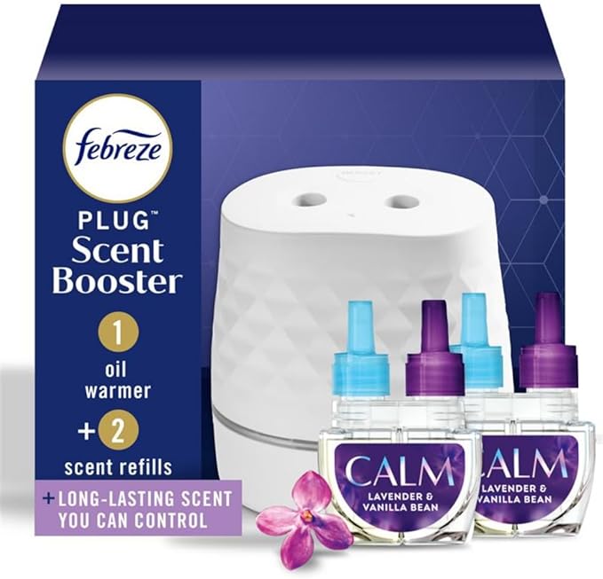 Febreze Plug Scent Booster Starter Kit, Oil Diffuser, Air Freshener Plug in, Continuous Scent Device + 2 Downy Calm Refills