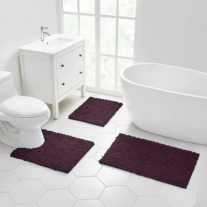 Walensee Bathroom Rug Non Slip Bath Mat (24x17 Inch Burgundy) Water Absorbent Super Soft Shaggy Chenille Machine Washable Dry Extra Thick Perfect Absorbant Best Small Plush Carpet for Shower Floor