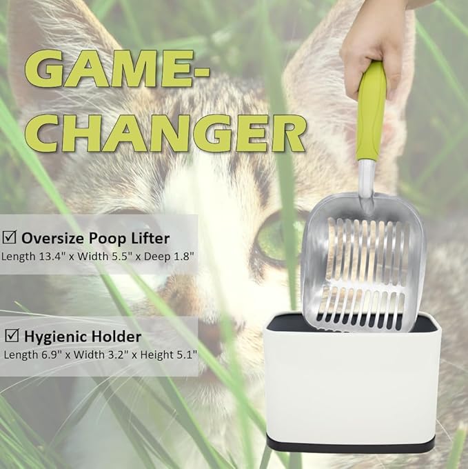 Large Aluminum Cat Litter Scoop with Holder - Heavy Duty Kitty Metal Scooper & Speed Sifter with Comfortable Grip - Stainless Steel Scooper Stand for Cat Litter Box