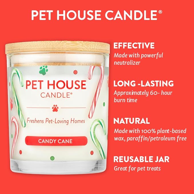 One Fur All Pet Candle 9 OZ Plant-Based Air Freshening Candle, Clean Burning and Long Lasting with a 60 Hour Burn Time - Candy Cane
