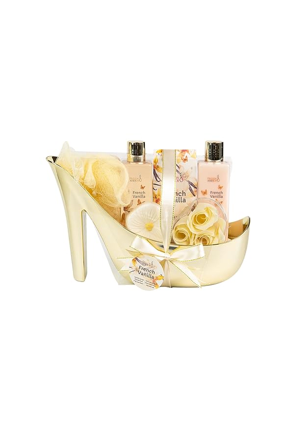 Freida & Joe Elegant 9-Piece Bath Set in High Heel Shoe – Luxurious Spa Gift Basket for Women, Includes Shower Gel, Body Lotion, Bath Salts, Soap Flowers, Bath Fizzer & Sponge (French Vanilla)