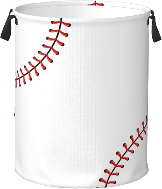 Baseball Texture Laundry Hamper Bag With Waterproof Liner - Round Laundry Basket Foldable Clothes Storage Organizer For Bathroom Bedroom Nursery Dorm, S-16.5"X 13.8"