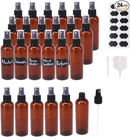 24 Pack 2oz Amber Plastic Spray Bottles For Essential Oils, Perfumes, Cosmetics, Alcohol, Fine Mist Spray Bottle, Mini Travel Bottle, Small Refillable Liquid Containers