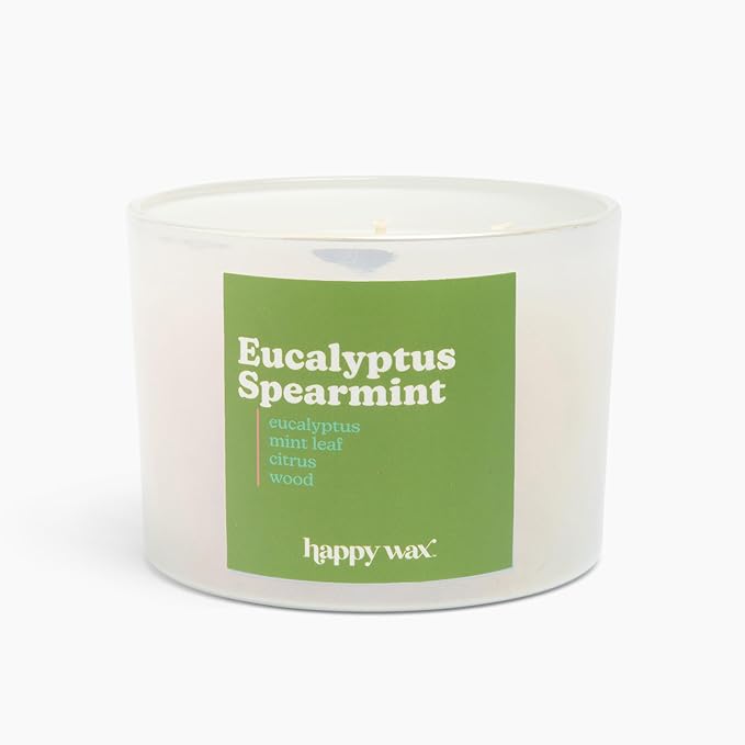Happy Wax Eucalyptus Spearmint All Natural Soy Wax 3 Wick Premium Scented Candle, Infused with Essential Oils for Relaxing, Stress Relief, and Aromatherapy