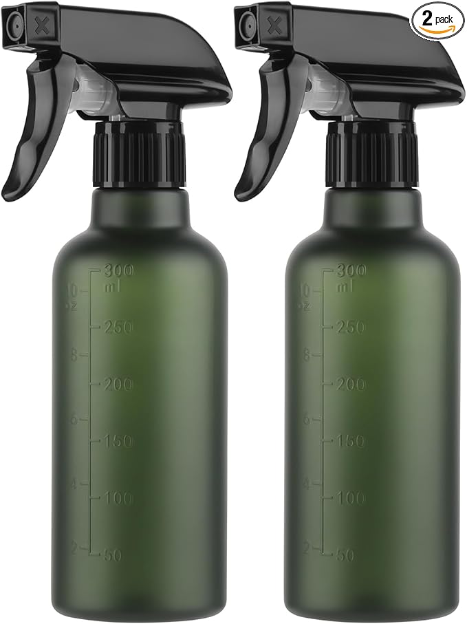 Leakproof Spray Bottles (2 Pack 10 oz), Adjustable Fine Mist & Jet Stream Nozzle, Premium BPA-Free Frosted Plastic Multi-Purpose for Hair, Plants, Cleaning (2 PACK GREEN)