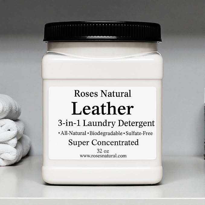 3-in-1 Leather-Scented Laundry Detergent Powder, 32 OZ, Natural, Plant-Based Formula, Cleans, Softens & Deodorizes – 64 Loads, HE Safe, Sulfate-Free, Made in the USA