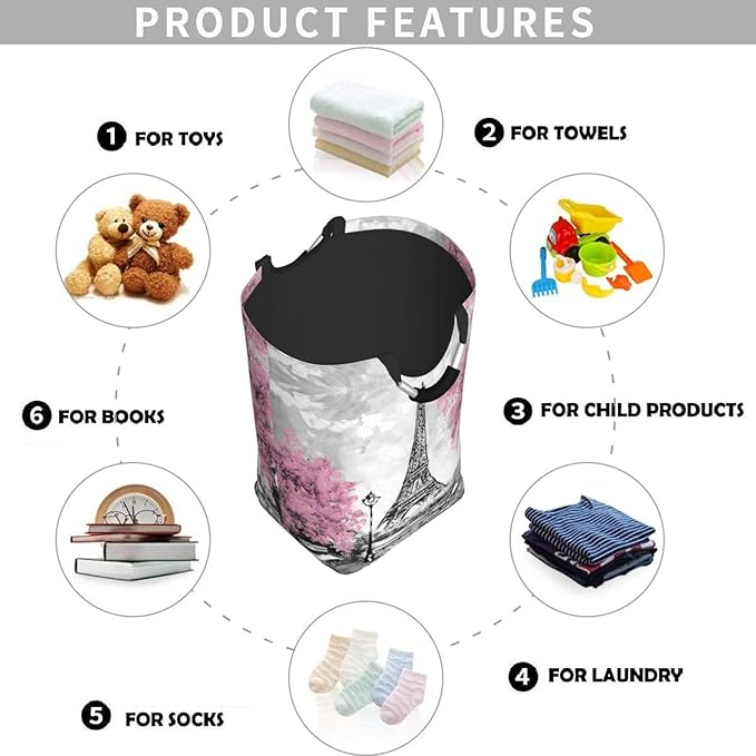 Paris Eiffel Tower Large Laundry Hamper Bag With Waterproof Liner - Laundry Basket Foldable Clothes Storage Organizer For Bathroom Bedroom Nursery Dorm
