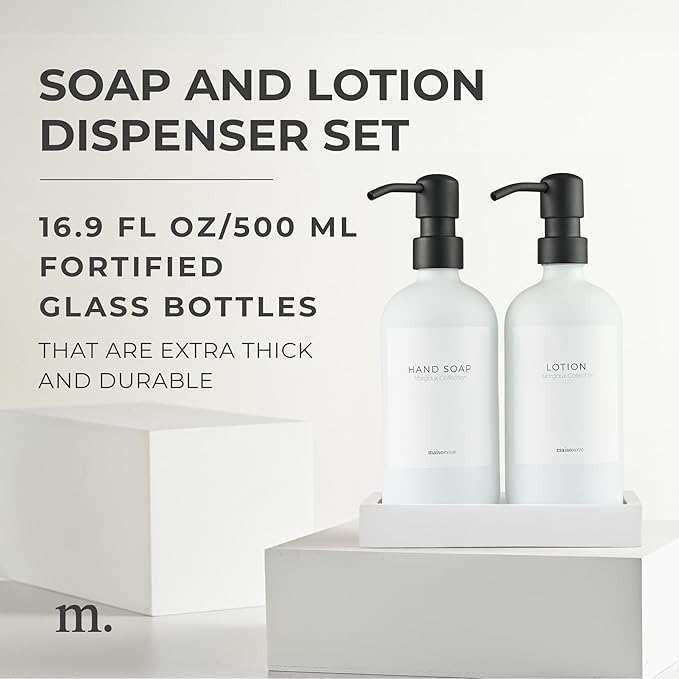 MaisoNovo Soap Dispenser 3-Piece Set | 16.9oz White Bottles with Black Stainless Steel Pumps