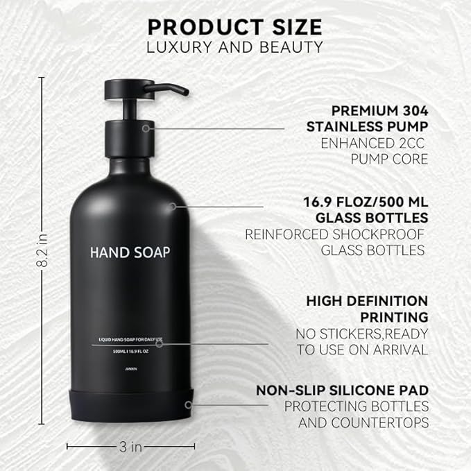 Kitchen Soap Dispenser Set with Non-Slip Protective Silicone Pad,Hand Soap Dispenser for Kitchen and Bathroom Decor, Black Kitchen Accessories (Black Bottles +Black Pumps)