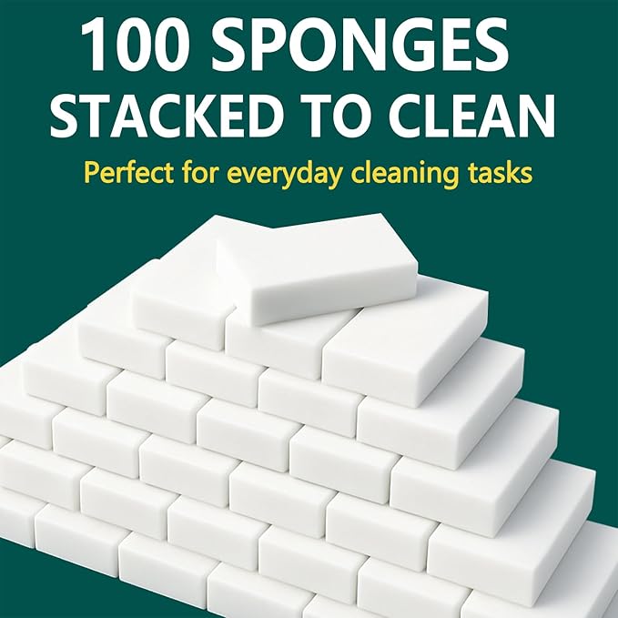 100 Pack Magic Sponge Erasers, Melamine Sponge Foam Bulk, Household Cleaning Supplies Kitchen Dish Sponges Multi Purpose Cleaner, Bathroom, Shower, Shoe, Car, Window, Wall Cleaner
