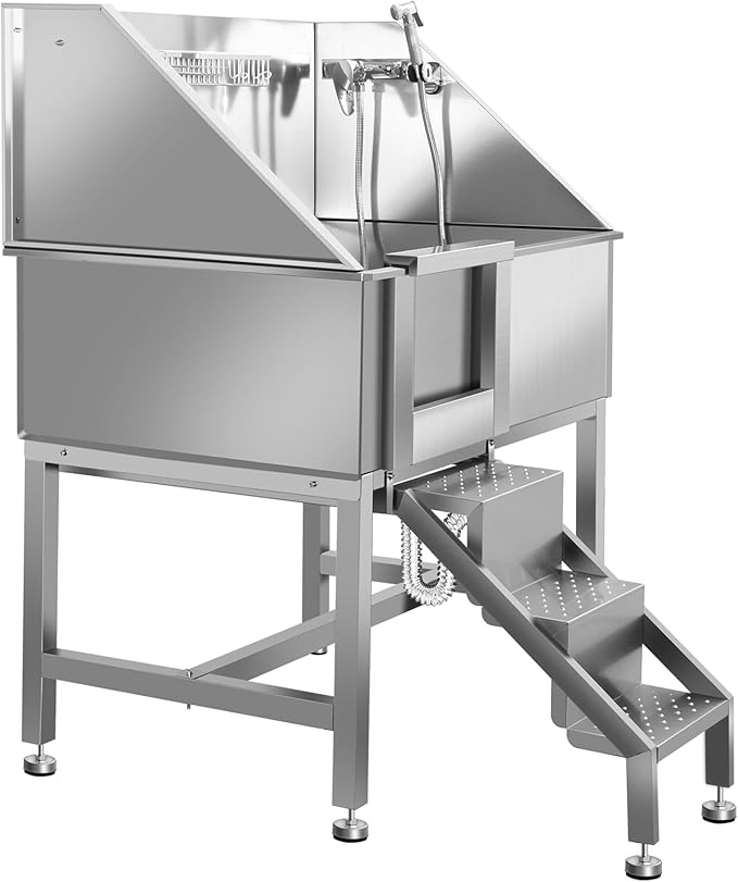 38" Pet Dog Bathing Station W/Ramp, Professional Stainless Steel Dog Grooming Tub W/Soap Box, Faucet,Rich Accessory, Dog Bathtub for Large,Medium,Small Pets, Washing Sink for Home,L-RAMP