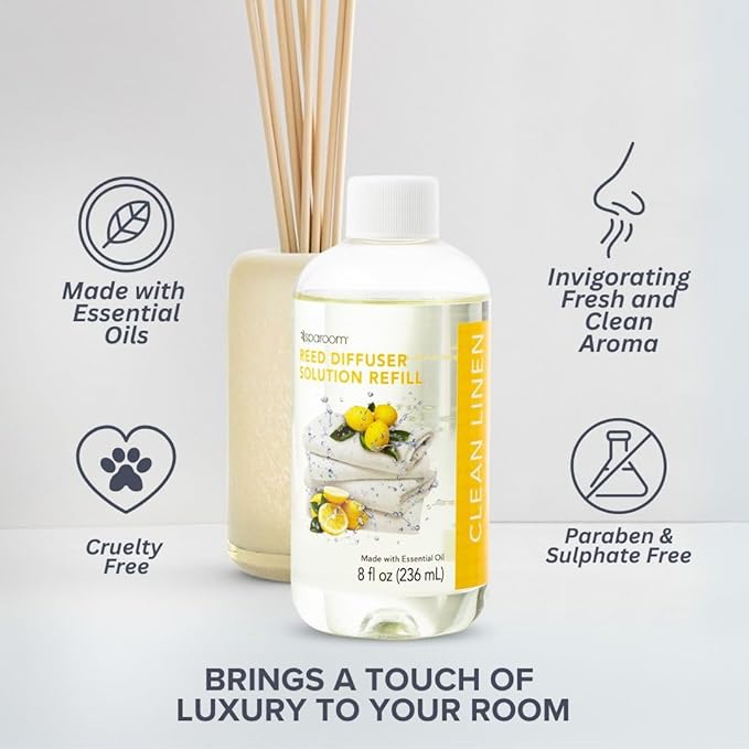 SpaRoom Reed Diffuser Oil Refill – Clean Linen Scent, 8oz Crisp and Refreshing Blend with Lemon Accents, Light and Airy Aroma for Bathroom, Bedroom, or Living Room, Long Lasting Fresh Scent