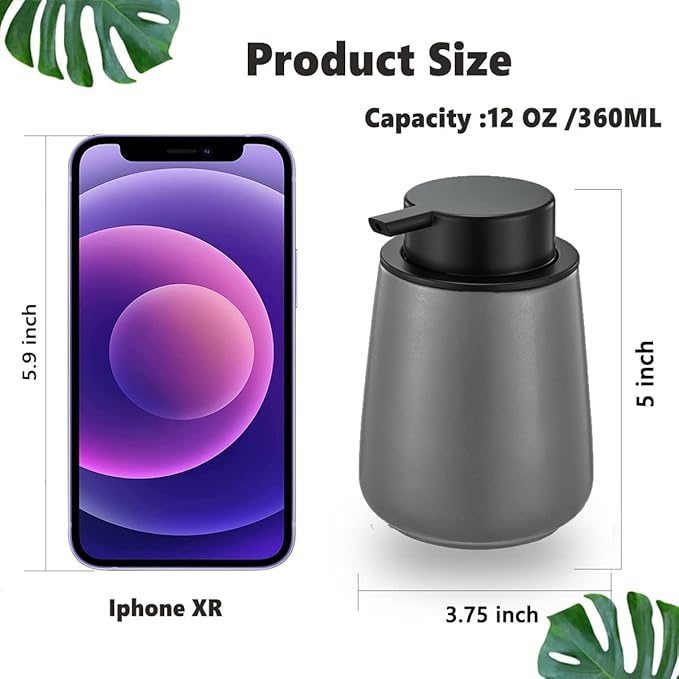 12Oz Grey Soap Dispenser Set - Ceramic Lotion Hand Soap Dispenser Set with Easy-to-Press Black Pump, Refillable Mordern Liquid Dish Soap Dispensers for Bathroom & Kitchen, 2 Pack