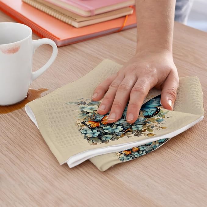 2 Pcs Vintage Floral Kitchen Towels, Artistic Butterfly Decorative Absorbent Microfiber Dish Cloth Tea Towel, Waffle Soft Hand Towels for Farmhouse Home Bathroom, Housewarming Gifts