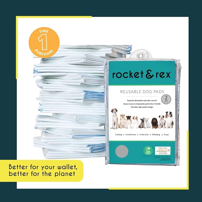 rocket & rex Premium Washable Pee Pads for Dogs, Waterproof & Reusable Puppy Pads for Potty Training, Whelping, Lining Crates & More, Guaranteed for up to 300 Washes, 22" x 22" (Pack of 2)