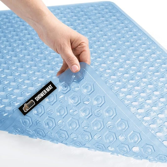 GORILLA GRIP Patented Bath Tub Shower Mat, Machine Washable Bathtub Floor Liner Mats, Suction Cups and Drain Holes to Keep Tubs Clean, Soft on Feet, Bathroom Essentials, 35x16 Inch, Clear Blue