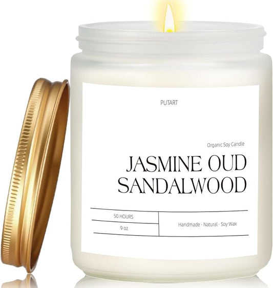 Jasmine, Oud & Sandalwood Scented Candles for Home, Natural Soy Wax Aromatherapy Non Toxic Candle Gifts for Women Men, Home Fragrance Decoration Glass Jar Candle for Relaxation (9oz White