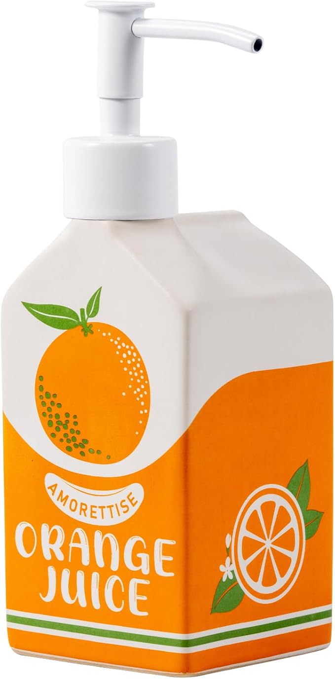Ceramic Orange Juice Bottle Soap Dispenser, Refillable Lotion Pump Bottle for Bathroom Kitchen Dish Soap