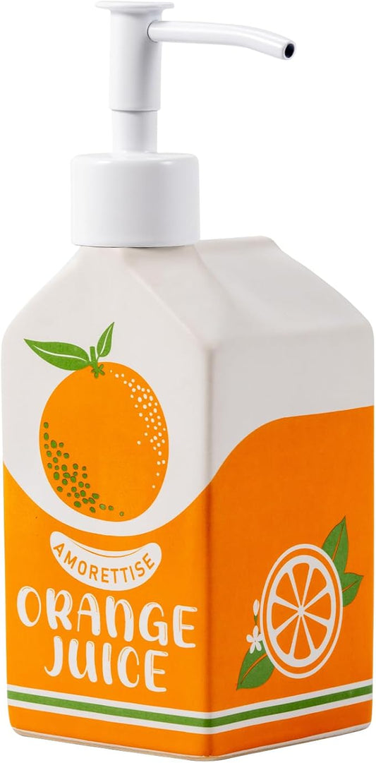 Ceramic Orange Juice Bottle Soap Dispenser, Refillable Lotion Pump Bottle for Bathroom Kitchen Dish Soap