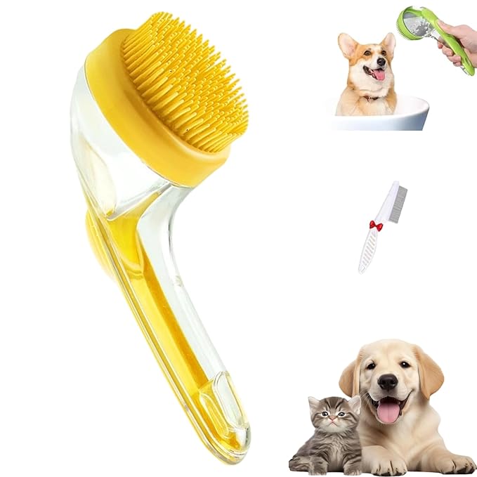 Pets Bath Brush, Soft Silicone Deep Cleaning Scrubber with Built-In Shampoo Dispenser, 2 in 1 Dog Grooming Massage Brush for Dogs Cats (Yellow)